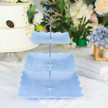 3-Tier Blue/Silver Floral Print Cupcake Stand, Dessert Tray, Plastic With Top Handle 13"