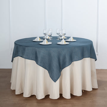 Blue Slubby Textured Linen Square Table Overlay, Wrinkle Resistant Polyester Tablecloth Topper 72"x72"