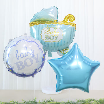 Set of 5 Blue/White Boy Baby Shower Mylar Foil Balloon Set, Star, Round and Baby Carriage Balloon Bouquet With Ribbon, Gender Reveal Party Decorations