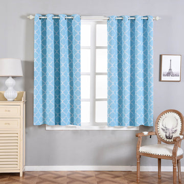 2 Pack Blue/White Lattice Room Darkening Blackout Curtain Panels With Grommet, Designer Trellis Curtains 52"x64"
