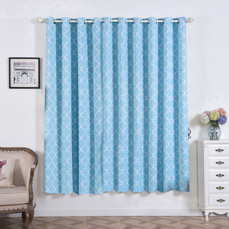 2 Pack Blackout White & Blue Lattice Room Darkening Curtain Panels With Grommet 52 Inch x 84 Inch