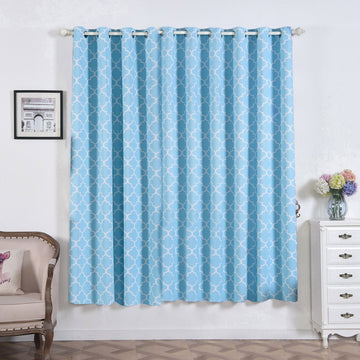 2 Pack Blue/White Room Darkening Noise Cancelling Curtain Panels With Grommet, Trellis Curtains 52"x84"