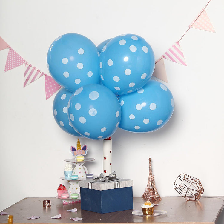 25 Pack 12 Inch Blue & White Fun Polka Dot Latex Party Balloons