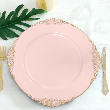 6 Pack Blush Gold Embossed Baroque Round Charger Plates With Antique Design Rim 13"