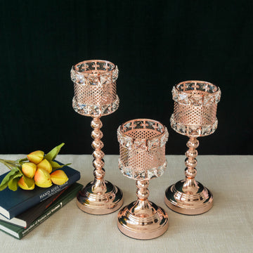 Rose Gold Acrylic Crystal Beaded Votive Candle Holders - Set of 3