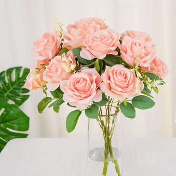 2 Bushes Blush Artificial Silk Rose Flower Arrangements, Real Touch Long Stem Flower Bouquet 18"