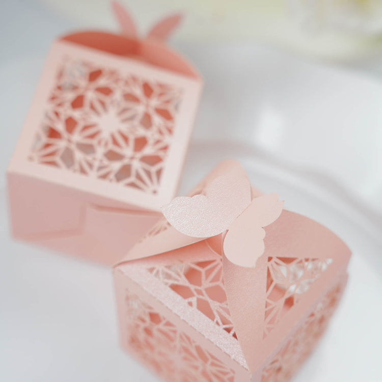 Blush Rose Gold Butterfly Top Box With Laser Cut Design For Candy Gift 25 Pack