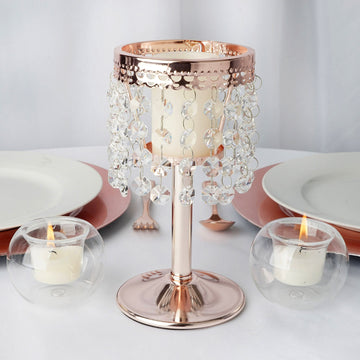 Rose Gold Crystal Beaded Chandelier Votive Pillar Candle Holder, Metal Tealight Candle Stand 8"