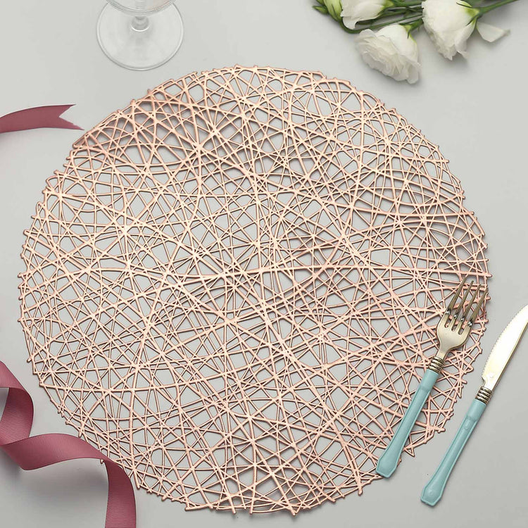 6 Pack 15 Inch Blush & Rose Gold Round Woven Vinyl Non Slip Placemats