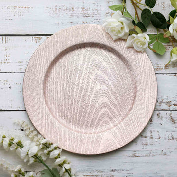 6 Pack Blush Embossed Wood Grain Round Acrylic Charger Plates, Boho Chic Table Decor 13"
