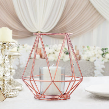 Rose Gold Geometric Metal Wired Candle Holder Set