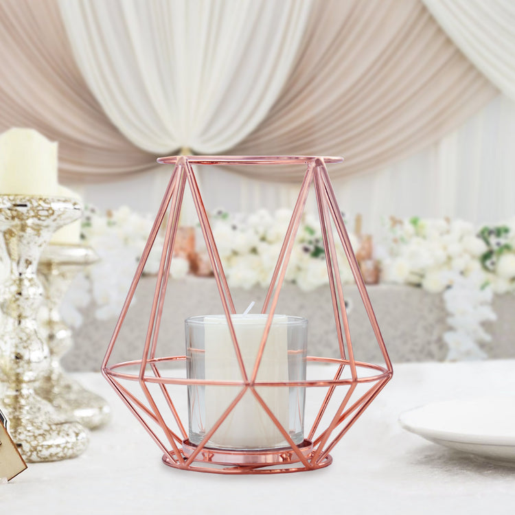 7 Inch Candle & Glass Votive Holder Set Geometric Blush & Rose Gold Metal Wired 2 Pack