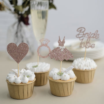 24 Pack Rose Gold Glitter Bridal Shower Cupcake Topper Picks Set, Wedding Cake Decoration Supplies - Assorted Styles