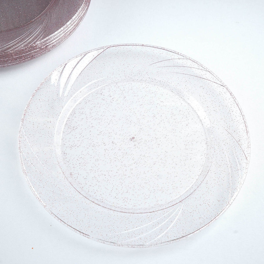 12 Pack | 9inch Blush Rose Gold Glittered Plastic Disposable Dinner Plates With Shiny Swirl Rim
