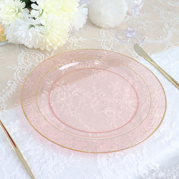 10 Pack Blush Hammered Design Plastic Dinner Plates With Gold Rim 10"