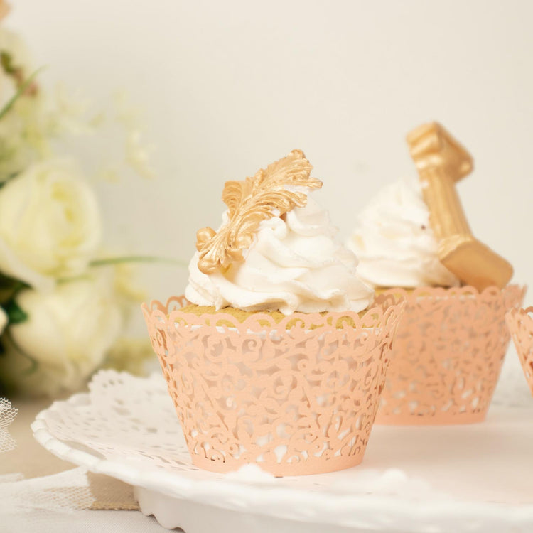 Blush Rose Gold Lace Laser Cut Cupcake Wrappers And Baking Muffin Cup Tray - 25 Pack