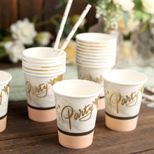 24 Pack Blush Rose Gold 'Party' Text Marble 9 Ounce Paper Cups