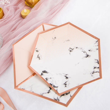 50 Pack Blush Marble Paper Plates, Disposable Hexagon Plates With Rose Gold Foil Rim 25 Guest Set 8" and 10"