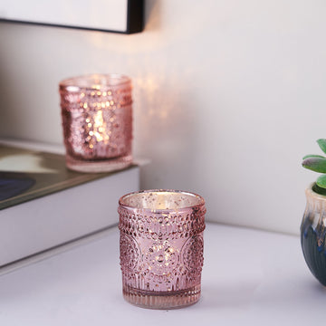 6 Pack Rose Gold Mercury Glass Candle Holders, Votive Tealight Holders With Primrose Design