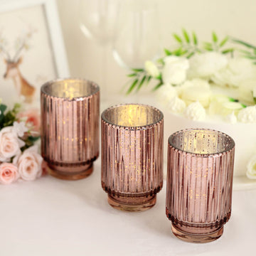3 Pack Rose Gold Mercury Glass Votive Hurricane Candle Holder, Pillar Vase - Wavy Column Design 5"