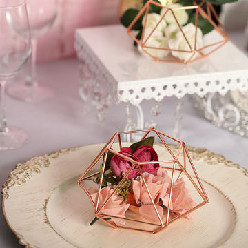 Set of 2 Rose Gold Metal Hexagon Candle Holder, Geometric Table Centerpiece Set 4"3"