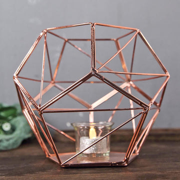 7" Rose Gold Metal Pentagon Prism Tealight Candle Holder, Open Frame Geometric Flower Stand