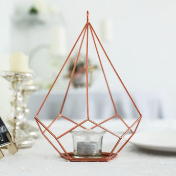 2 Pack Rose Gold Metal Pentagon Tealight Candle Holders, Open Frame Geometric Flower Stand 9"