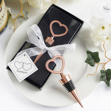 Rose Gold Metal Studded Heart Wine Bottle Stopper Party Favors, Wedding Favor With Velvet Gift Box 4"