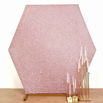 Rose Gold Metallic Shimmer Tinsel Spandex Hexagon Backdrop, 2-Sided Wedding Arch Cover 8ftx7ft