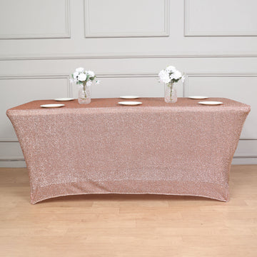 Rose Gold Metallic Shimmer Tinsel Spandex Table Cover, Rectangular Fitted Tablecloth 6ft