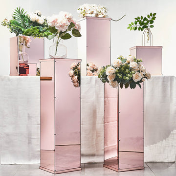 Set of 5 Rose Gold Mirror Finish Acrylic Pedestal Risers, Display Boxes with Interchangeable Lid and Base 12",16",24",32",40"