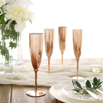6 Pack Rose Gold Plastic Champagne Flutes Disposable Glasses For Champagne 5oz