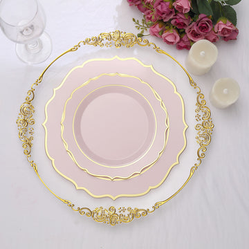 10 Pack Blush Plastic Dessert Salad Plates, Disposable Tableware Round With Gold Scalloped Rim 8"