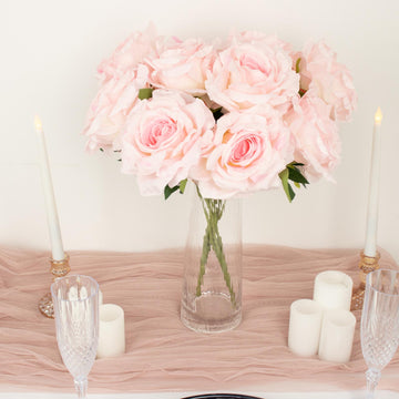 2 Bushes Blush Premium Silk Jumbo Rose Flower Bouquet, High Quality Artificial Wedding Floral Arrangements 17"
