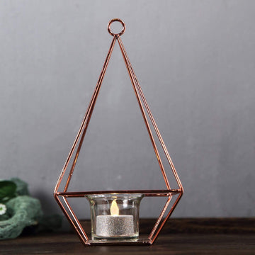 2 Pack 9" Rose Gold Pyramid Shaped Tealight Candle Holders, Open Frame Metal Geometric Flower Stand