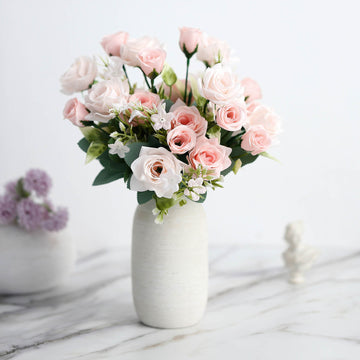 4 Bushes Blush Real Touch Artificial Silk Rose Bridal Bouquet, Faux Flowers 12"