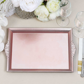 2 Pack Rose Gold Rectangle Decorative Acrylic Serving Trays With Embossed Rims - 14"x10"