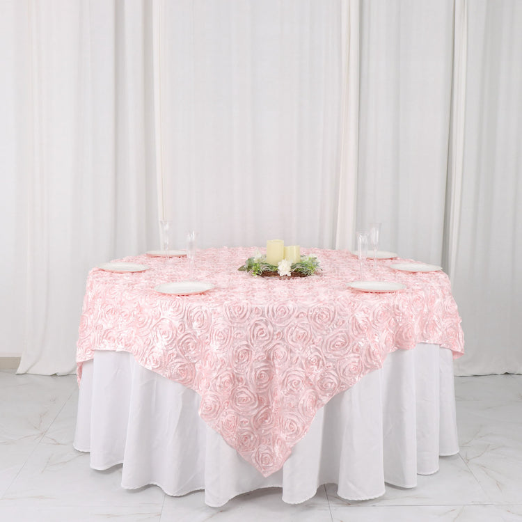3D Rosette Satin Square Table Overlay 72 Inch x 72 Inch In Blush Rose Gold 