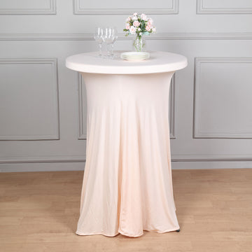 Blush Round Heavy Duty Spandex Cocktail Table Cover With Natural Wavy Drapes