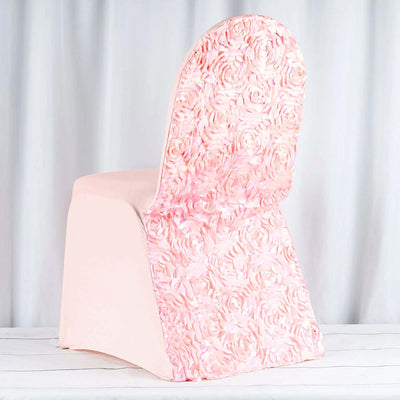 Pink floral chair cover with textured rose design on back.