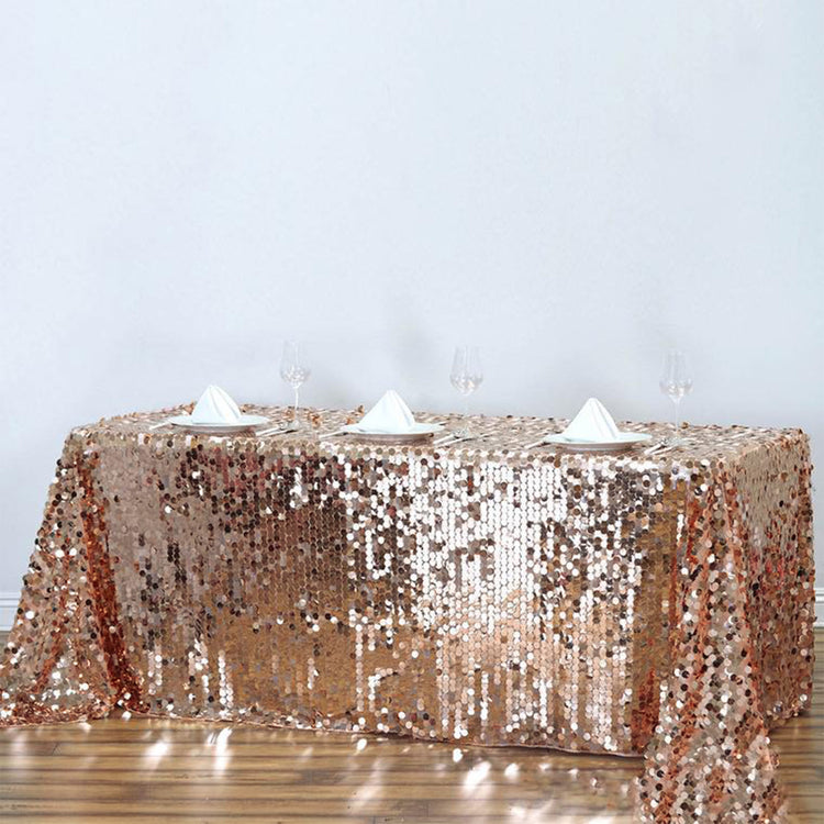 Blush Rose Gold Rectangle Tablecloth 90 Inch x 156 Inch In Big Payette Sequin