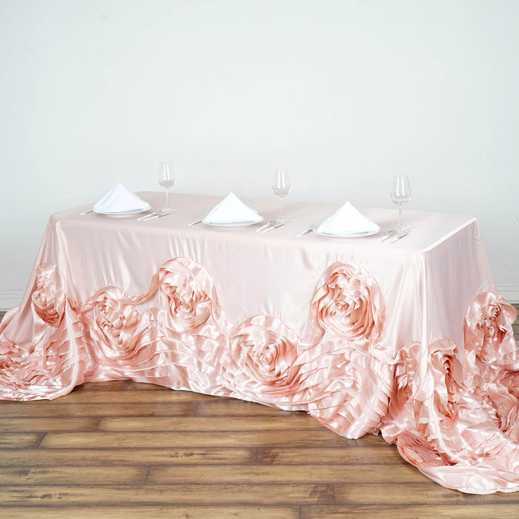 Large Rosette Rectangular Satin Tablecloth In Rose Gold Blush 90 Inch x 156 Inch