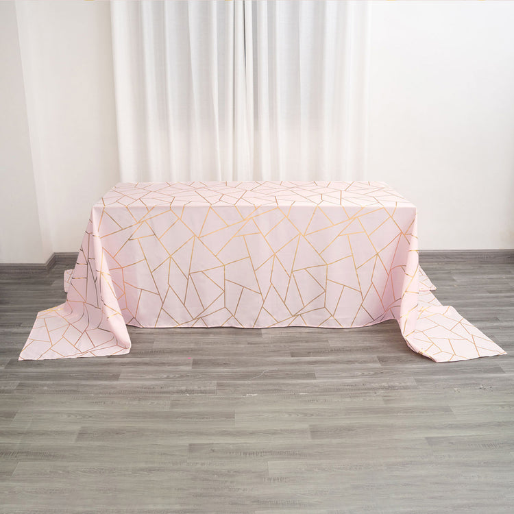 90x156 Inch Blush Rose Gold Rectangle Polyester Tablecloth With Gold Foil Geometric Pattern