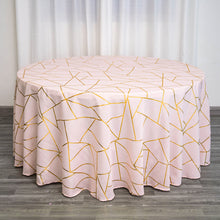 120 Inch Round Polyester Tablecloth In Blush Rose Gold With Gold Foil Geometric Pattern