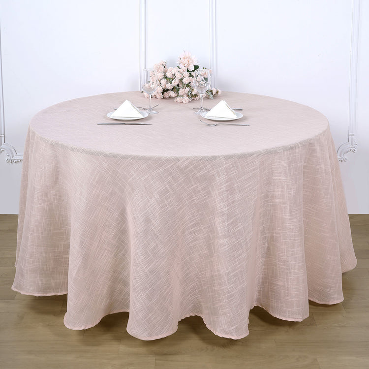 Linen Round Tablecloth 120 Inch Blush Rose Gold Slubby Textured Wrinkle Resistant