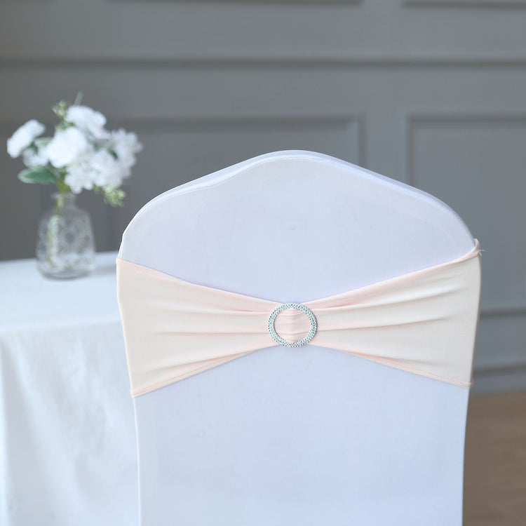 5 Pack Blush Rose Gold Spandex Stretch Chair Sash With Silver Diamond Ring Slide Buckle 5 Inch x 14 Inch