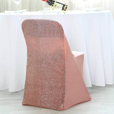 Elegant rose gold sequined chair cover for formal events.