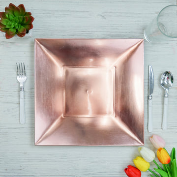 6 Pack Rose Gold Square Rim Acrylic Charger Plates, Modern Glam Table Decor 12"