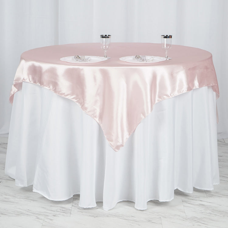 Satin Square Table Overlay In Blush Rose Gold 60 Inch x 60 Inch Seamless 