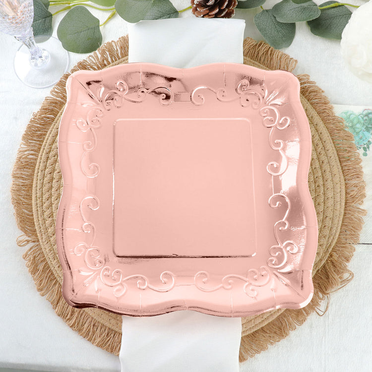 11 Inch Blush Rose Gold Dinner Plates With Scroll Design Edge
